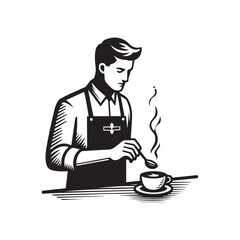 black-and-white vector illustration of a barista wearing an apron, preparing
a coffee drink
