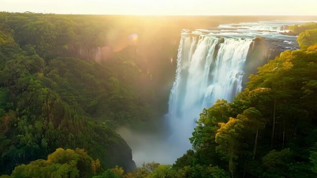 Soaring above a tropical forest the camera captures a stunning sight a series of waterfalls illuminated by the first rays of sunlight.