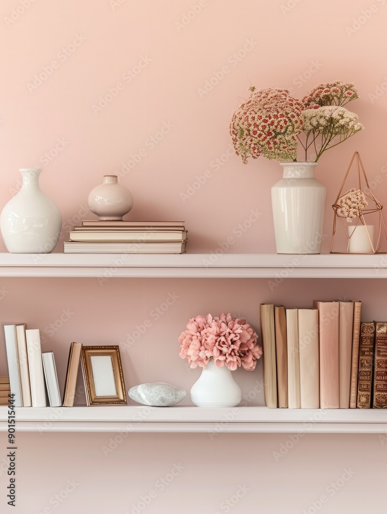 Poster Decorative items including books, vases, and photo frames are organized on a shelf unit against a soft pastel wall, creating a calming atmosphere. Generative AI