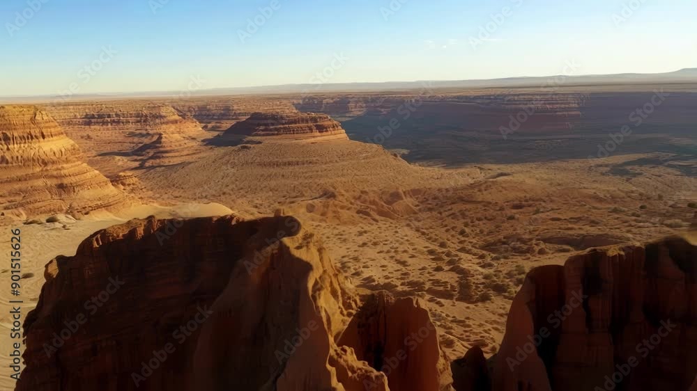 Poster A birdseye view of the vast isolated desert landscape framed by towering cliffs.