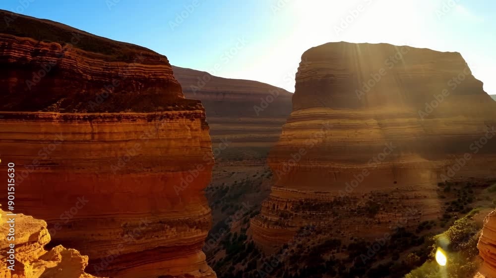 Poster The desert cliffs ablaze with golden light as the sun reaches its peak in the sky.