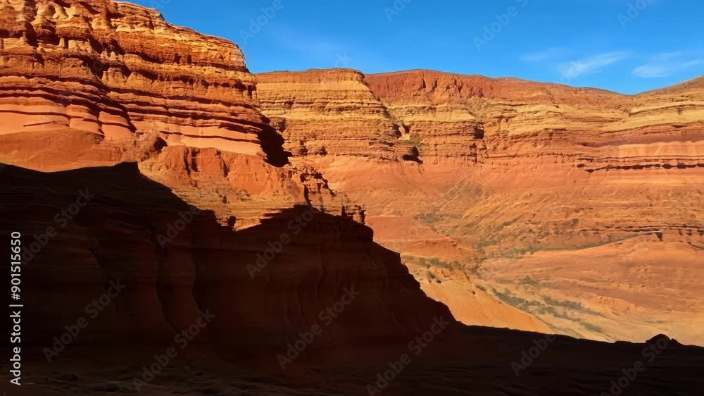 Poster Crisp shadows dancing over the red sandstone walls of the desert cliffs.