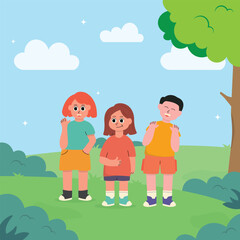 cartoon illustration of a small child playing in the park with his friends