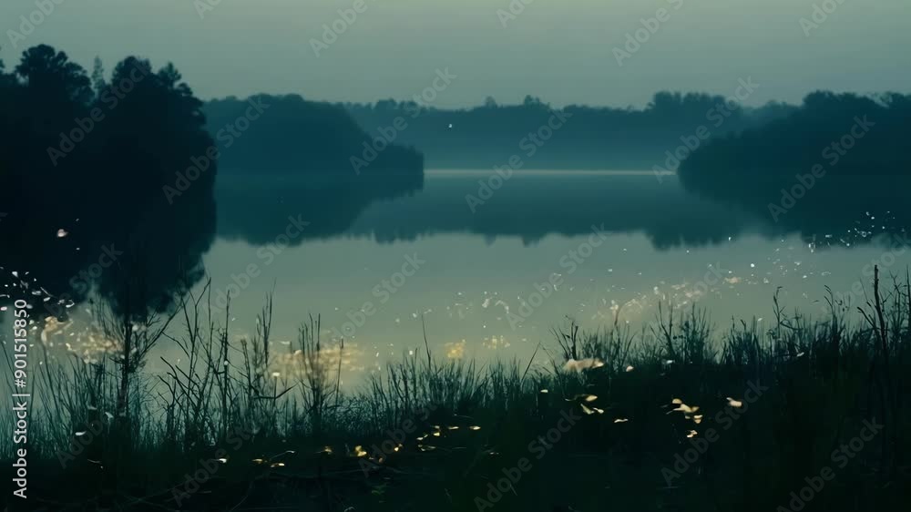 Poster The tranquil riverside is illuminated by a chorus of fireflies dancing ast the trees and shimmering on the waters edge.