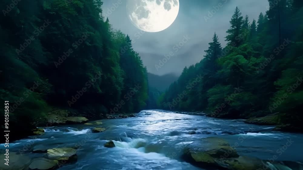 Aufkleber as the moon rises above the canopy the once green river transforms into a silver ribbon glimmering i
