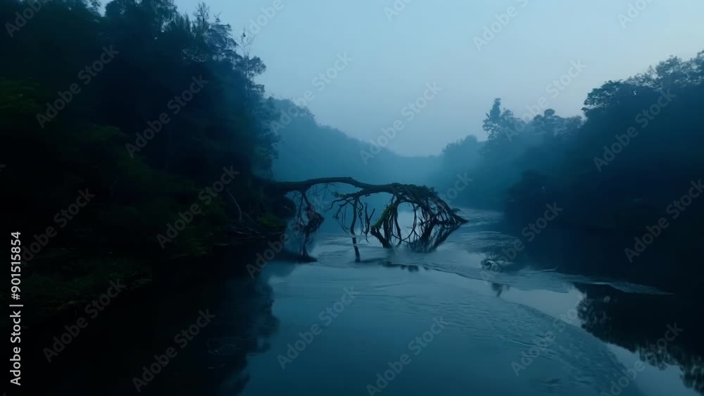 Poster The eerie calls of nocturnal creatures echo through the rainforest adding to the enchanting atmosphere of the dusky river.