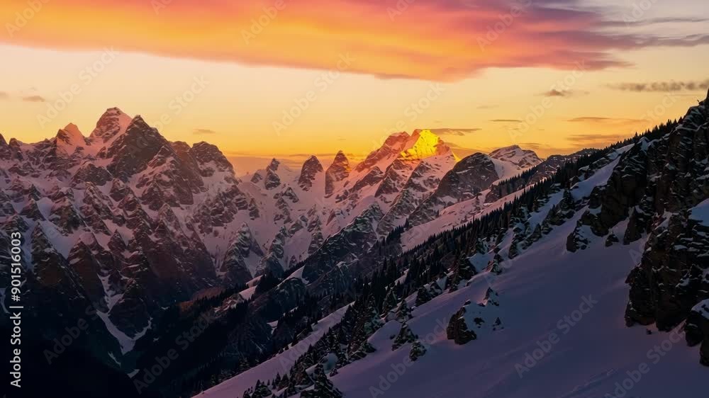 Poster With each passing minute the colors in the sky intensify the snowcapped mountains in a warm golden light.