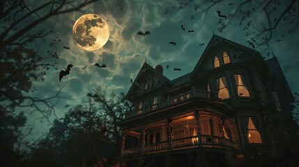 spooky halloween decor, a creepy full moon lights up a haunted house adorned with spider webs, bats, and eerie decorations, setting the scene for halloween