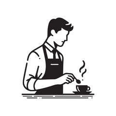 black-and-white vector illustration of a barista wearing an apron, preparing
a coffee drink