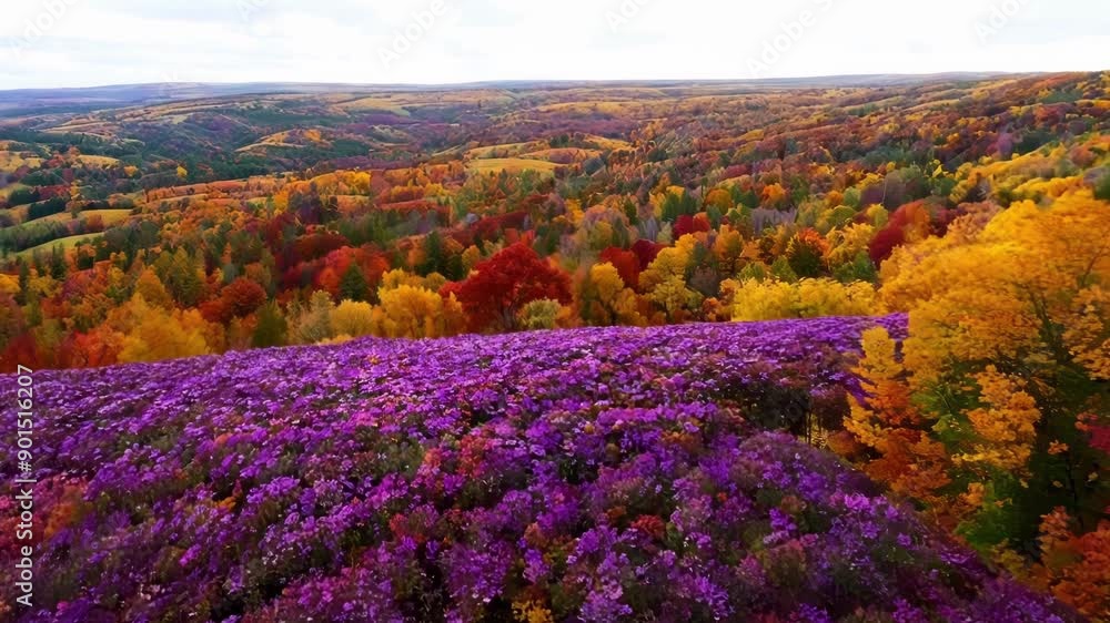 Poster The camera soars over the hills revealing patches of deep purple and magenta intermixed with the warm autumnal colors.