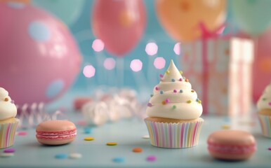 Birthday Cupcake on Table With Balloons