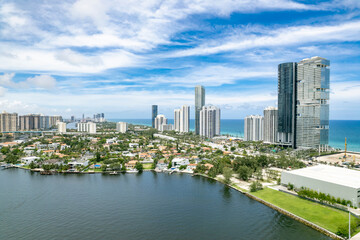 Naklejka premium Sunny Isles Beach, Florida - The northern end of the Sunny Isles skyline, with Hollywood buildings in the distance.