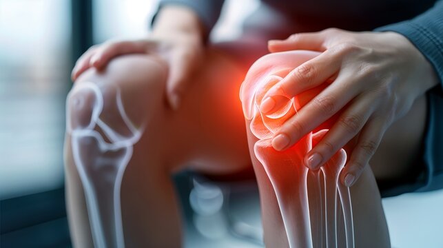 Knee Pain Relief: A close-up shot of a person's knee, highlighting the pain with an overlay of red, symbolizing the discomfort and need for relief.  The image evokes a sense of urgency and empathy. 
