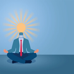 Obraz premium A man in a meditation pose with an idea lamp as his head, an illustration for positive thinking.