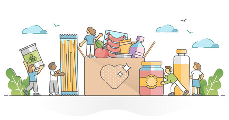 Food drive grocery donation as charity product share for poor outline concept, transparent background. Volunteer support and community care as hunger awareness and help movement illustration.