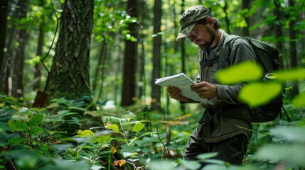 An ecologist collecting data in a dense forest, fieldwork scene