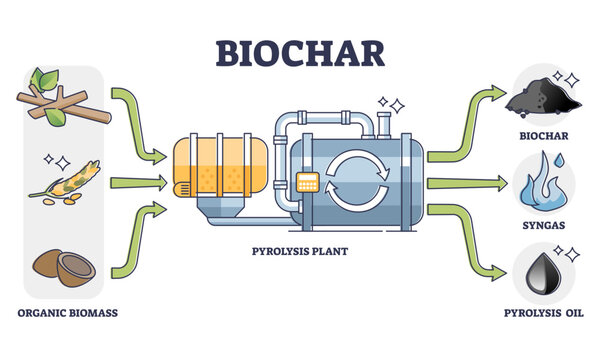 Biochar, syngas and oil production by pyrolysis plant from organic biomass, transparent background. Thermal decomposition of materials at high temperatures.