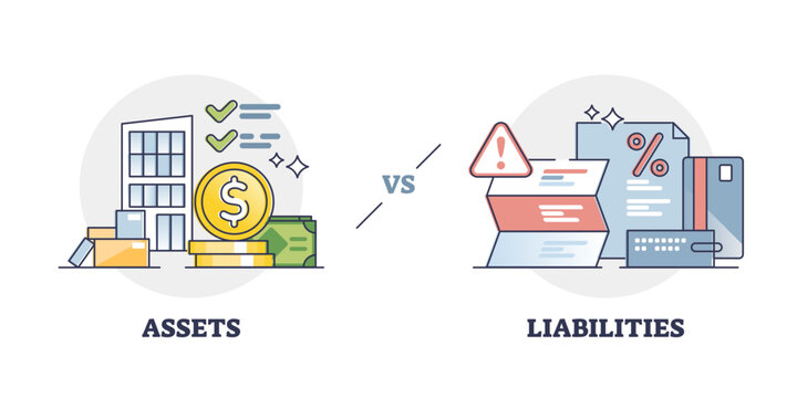 Assets vs liabilities as balance with debts and incomes outline diagram, transparent background. Labeled educational economical or financial company and business value calculation illustration.