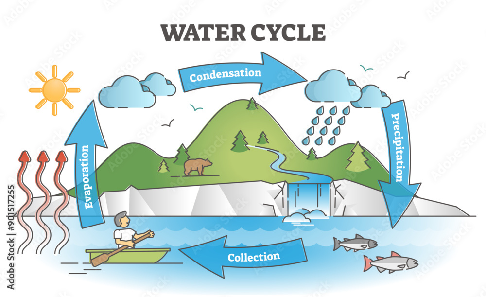 Poster water cycle diagram with simple rain circulation explanation outline concept, transparent background