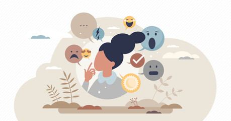 Mood disorder - bipolar emotion change metal problem, tiny person concept, transparent background. Confusing inner feelings leading to stress, anxiety and life crisis.