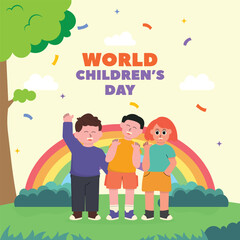 cartoon illustration of world children's day, little children welcome very happily with their friends, flat design style