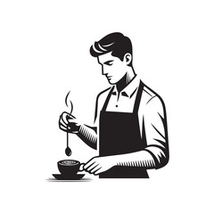 black-and-white vector illustration of a barista wearing an apron, preparing
a coffee drink