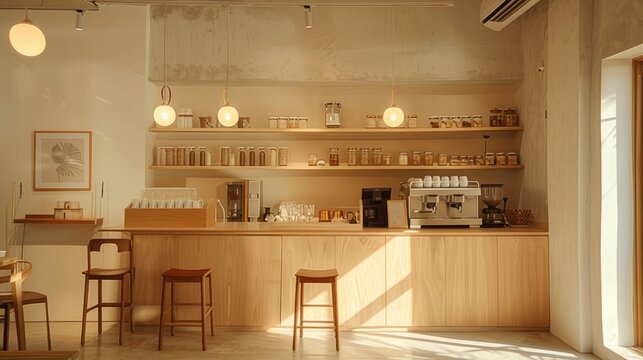 A small, stylish coffee shop with a minimalist design, showcasing a simple coffee bar, minimalist furniture, and a few carefully chosen decor elements. The space exudes a modern and tranquil vibe.