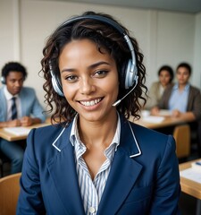 A beautiful black woman in her 20s dressed professionally with curly hair and headset