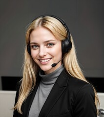 A young woman in her 20s dressed professionally with long blonde hair and headset