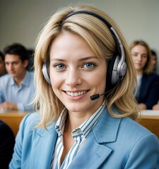A young woman in her 30s dressed professionally with blonde hair and headset