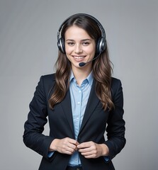 A young woman dressed professionally with brown hair and headset