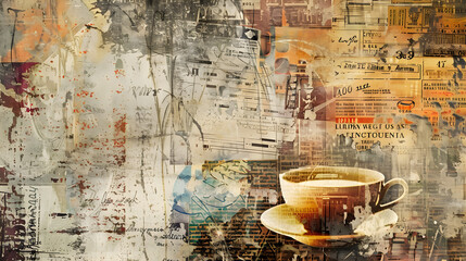 A vintage coffee cup sits amidst a textured collage of faded papers and colors, evoking a rich, artistic atmosphere