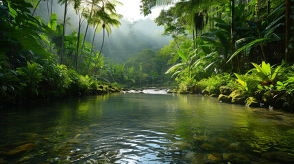 Obraz premium A lush green jungle with a river running through it