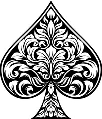 An ace of spades filigree symbol abstract playing card scroll pattern design motif in a vintage etched style