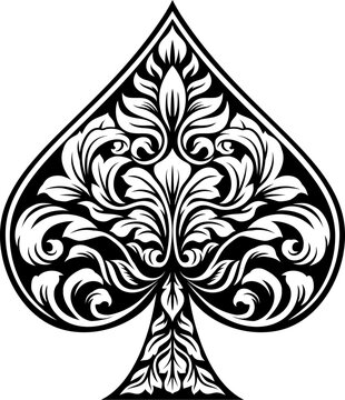 recommend clip art: An ace of spades filigree symbol abstract playing card scroll pattern design motif in a vintage etched style