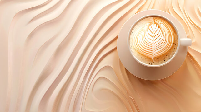 A beautiful latte art design in a white cup sits atop a smooth, wavy beige background with copy space, creating an elegant, calming coffee experience