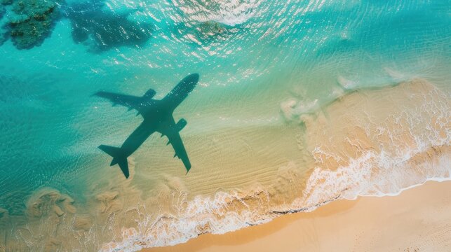 A travel-themed image showing the shadow of an airplane cast over a serene beach, with turquoise waters and soft sand, evoking a sense of adventure and wanderlust.