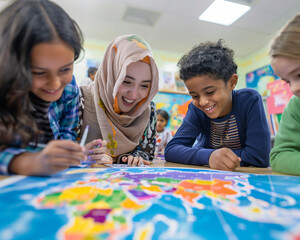 Teacher and students in a multicultural classroom, collaborating on a world map project, promoting global awareness and diversity