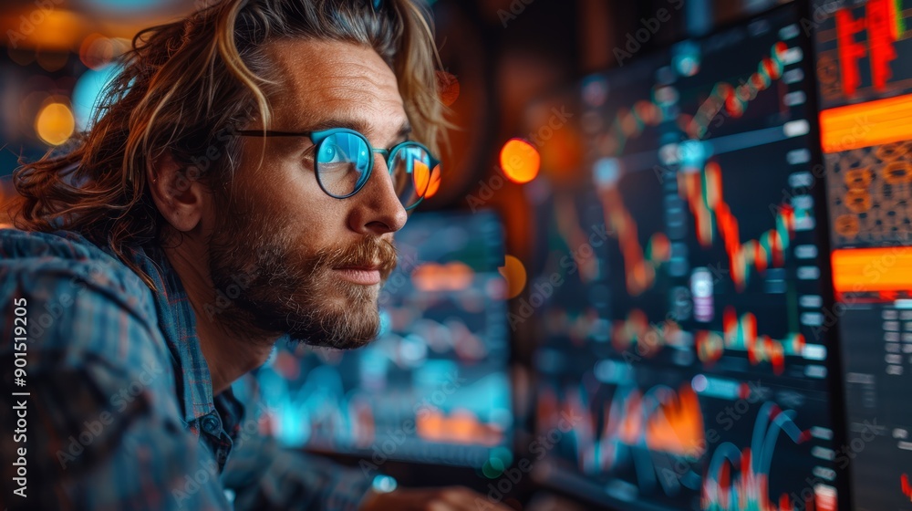 Poster engaged analyst monitoring stock market trends with multiple screens during evening hours in a moder