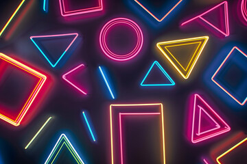 Bright neon geometric shapes on black background evoking vibrant retro 80s aesthetic