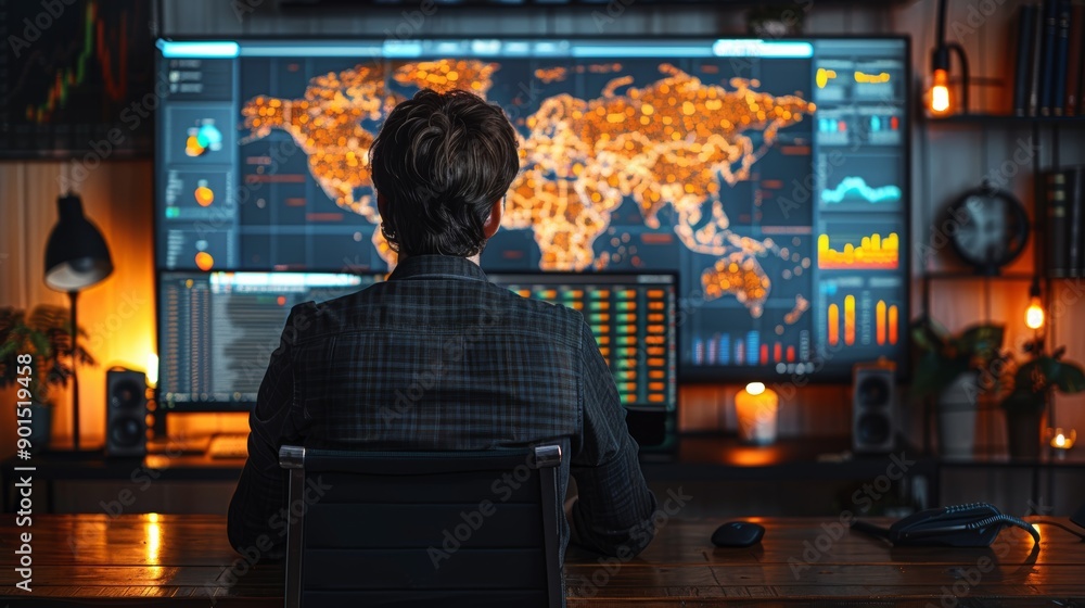 Poster professional analyst reviewing global data visualizations in a modern office space at night. generat