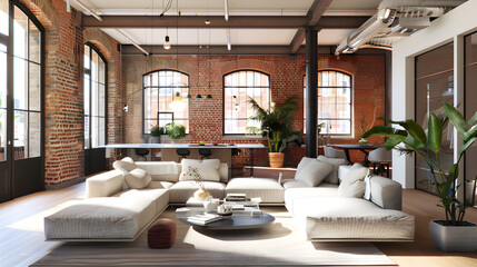 Elegant living room featuring a spacious sectional sofa, vibrant plants, and large windows with industrial charm and natural light