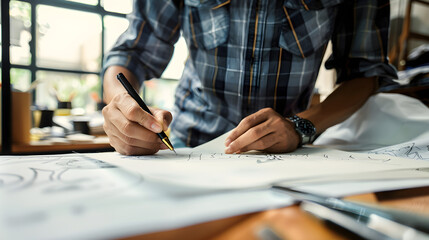 A person sketches ideas on paper in a creative workspace surrounded by art supplies and natural light