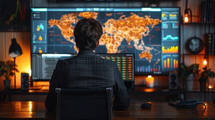 Professional Analyst Reviewing Global Data Visualizations in a Modern Office Space at Night. Generative AI