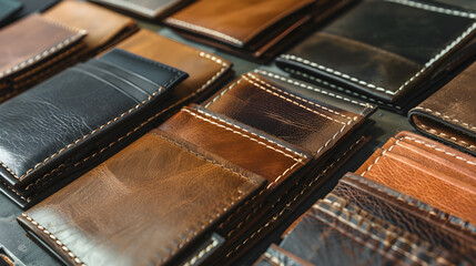 Leather wallets are displayed in a variety of colors and textures, showcasing craftsmanship and style in an organized arrangement