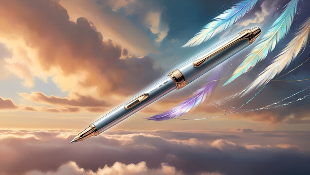 Fountain pen and feather on cloudy sky background. 3d illustration