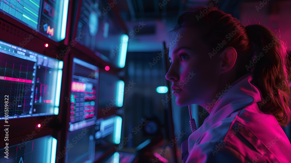 Poster a woman focuses on digital screens displaying data and graphs, illuminated by colorful lights in a h