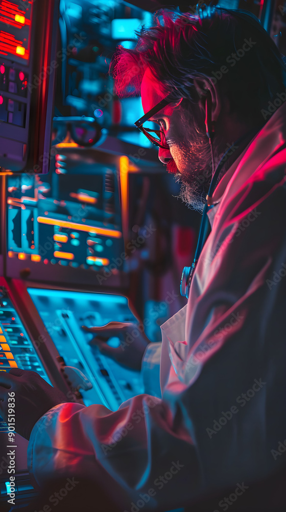 Poster a scientist in a lab coat operates advanced technology and monitors data, bathed in colorful lightin