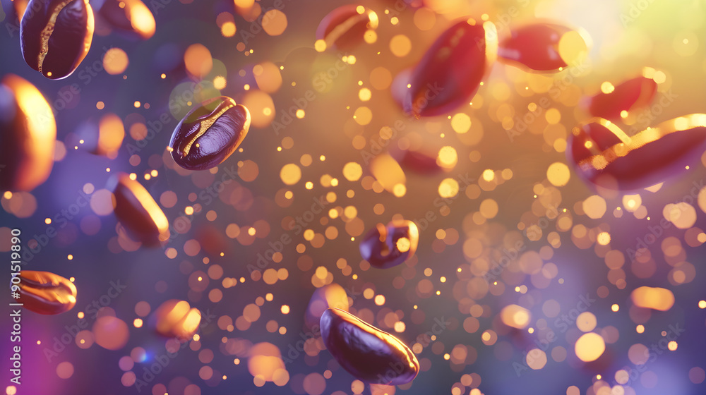 Poster floating coffee beans create a dynamic, colorful background filled with bokeh lights and a warm ambi