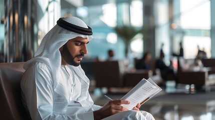 Professional Arab businessman waiting in a premium airport VIP lounge, deeply engaged in reading a business report, showcasing a blend of luxury and business travel